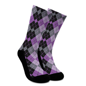 Black Grey And Violet Argyle Print Crew Socks