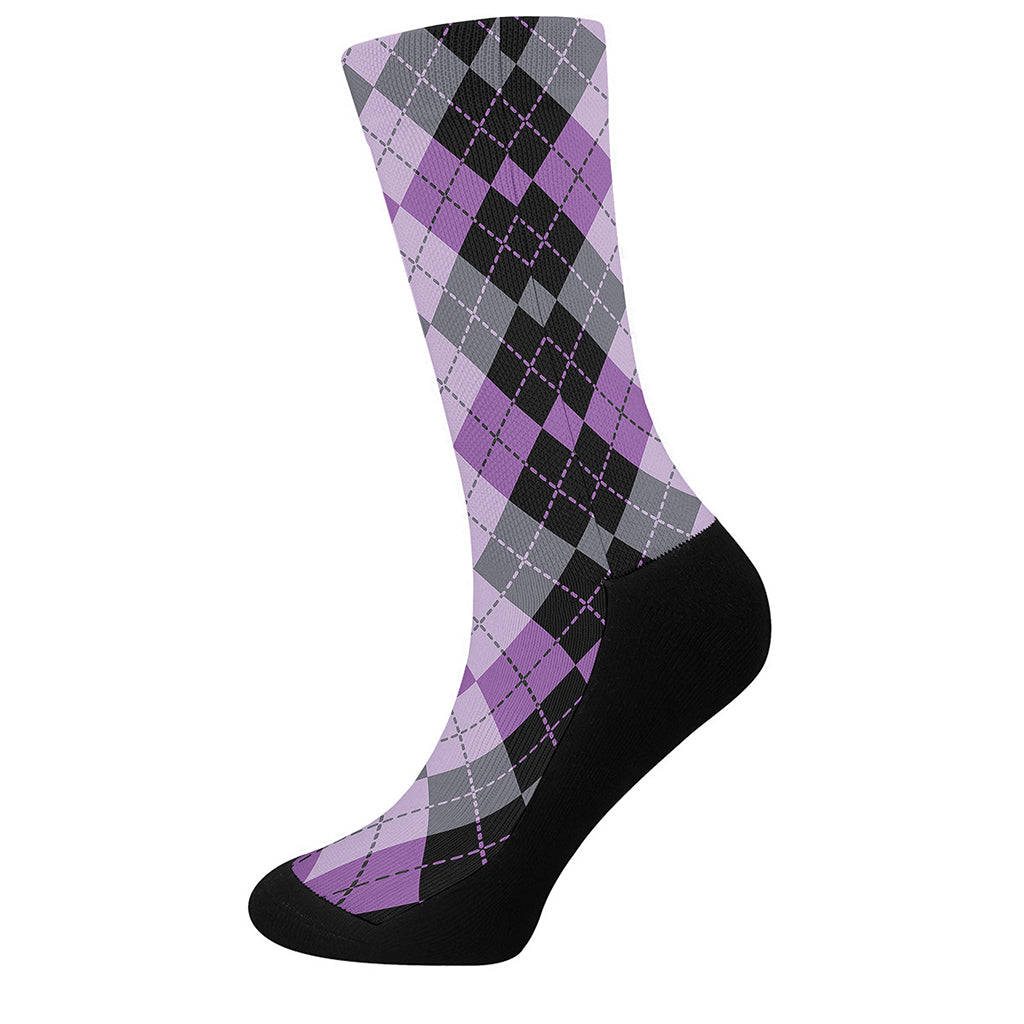 Black Grey And Violet Argyle Print Crew Socks