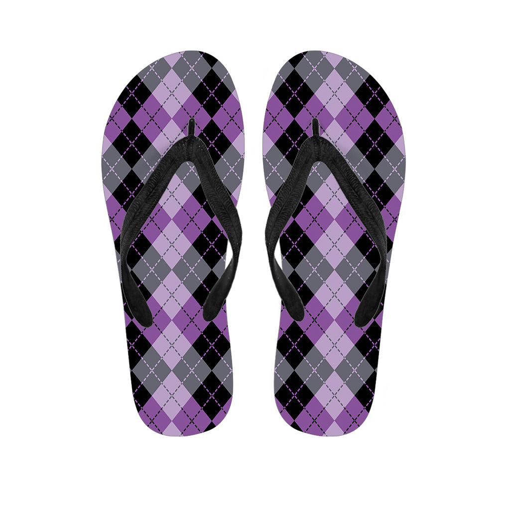 Black Grey And Violet Argyle Print Flip Flops