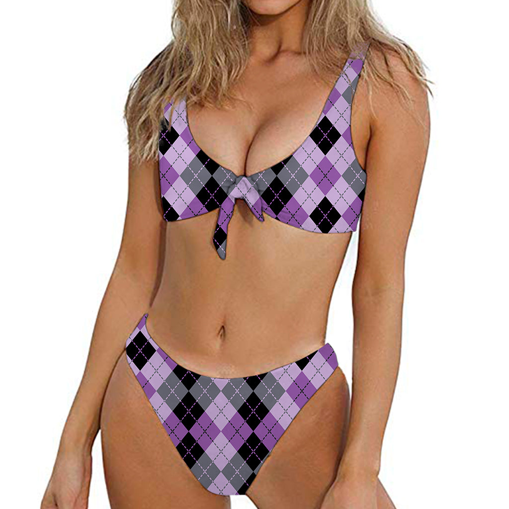 Black Grey And Violet Argyle Print Front Bow Tie Bikini