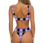 Black Grey And Violet Argyle Print Front Bow Tie Bikini