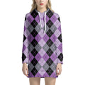 Black Grey And Violet Argyle Print Pullover Hoodie Dress