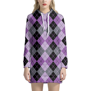 Black Grey And Violet Argyle Print Hoodie Dress