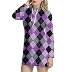 Black Grey And Violet Argyle Print Hoodie Dress