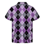 Black Grey And Violet Argyle Print Men's Short Sleeve Shirt