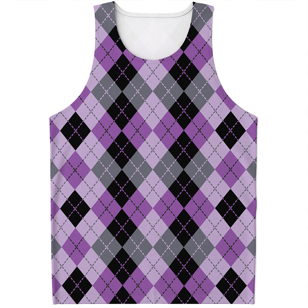 Black Grey And Violet Argyle Print Men's Tank Top