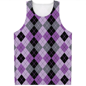 Black Grey And Violet Argyle Print Men's Tank Top