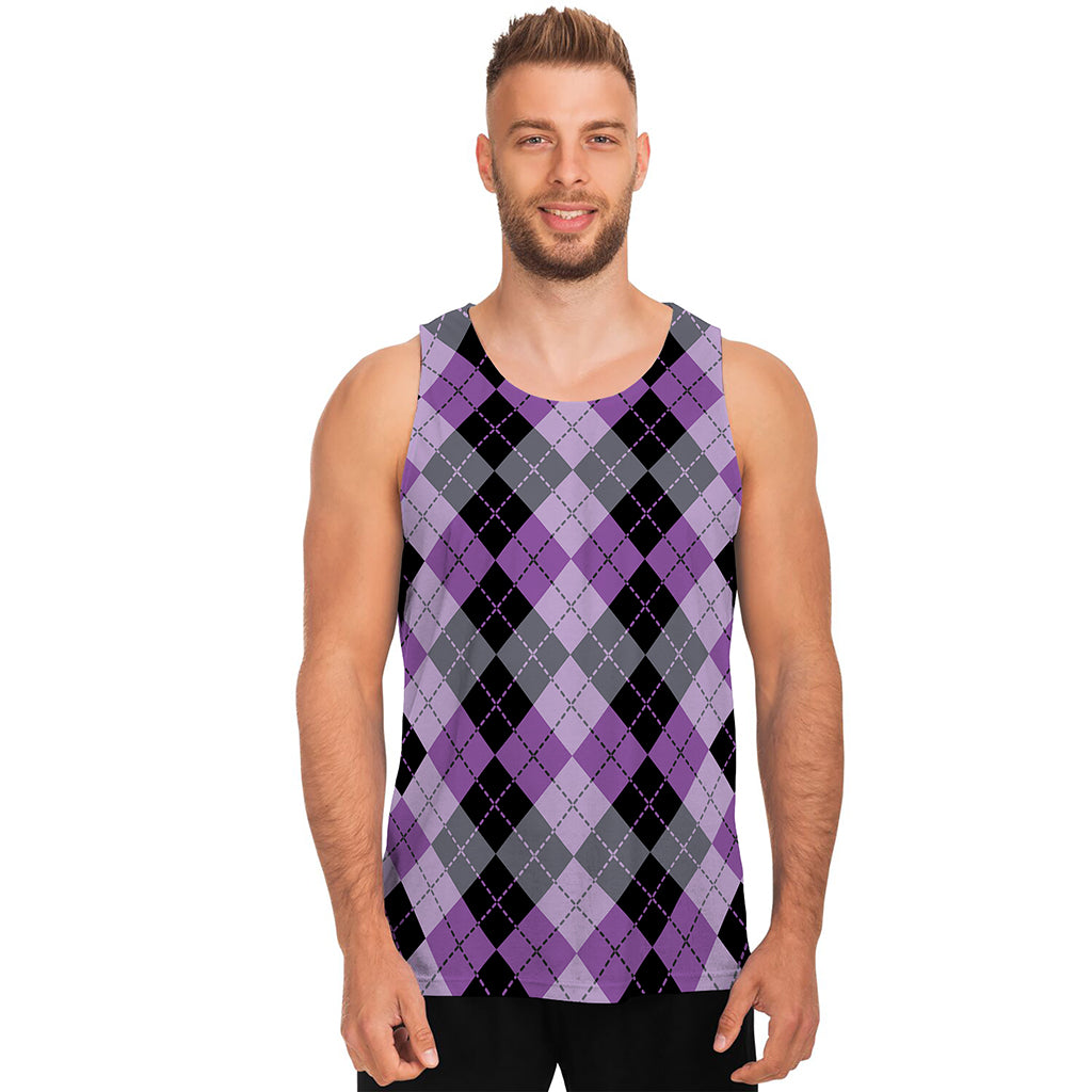 Black Grey And Violet Argyle Print Men's Tank Top