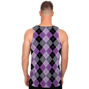 Black Grey And Violet Argyle Print Men's Tank Top