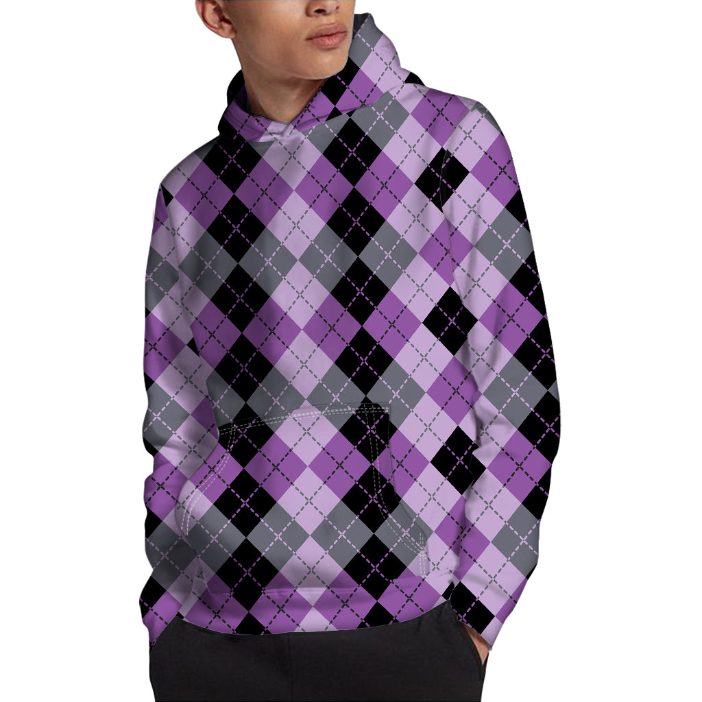 Black Grey And Violet Argyle Print Pullover Hoodie