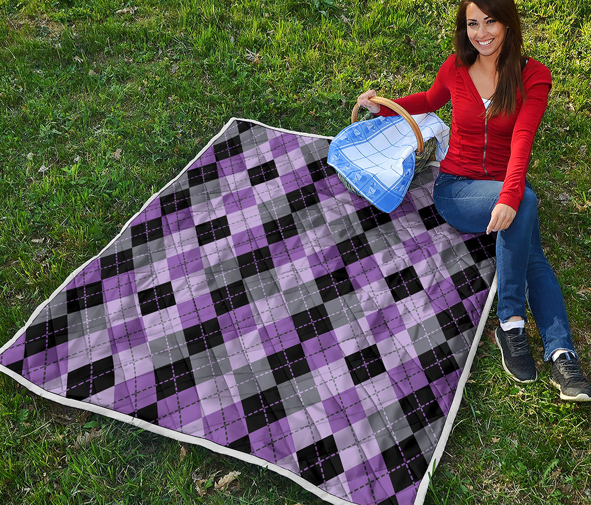 Black Grey And Violet Argyle Print Quilt