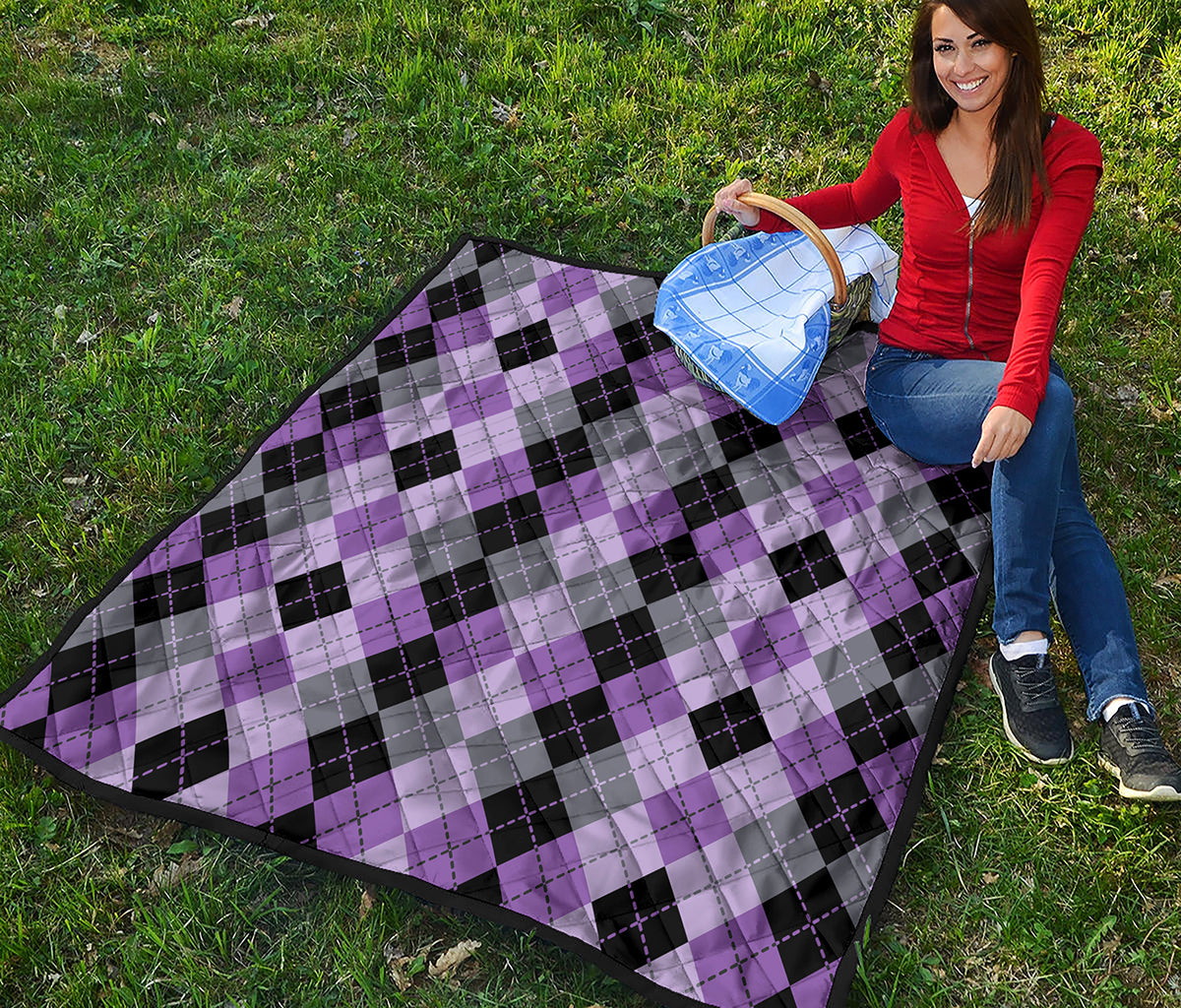 Black Grey And Violet Argyle Print Quilt