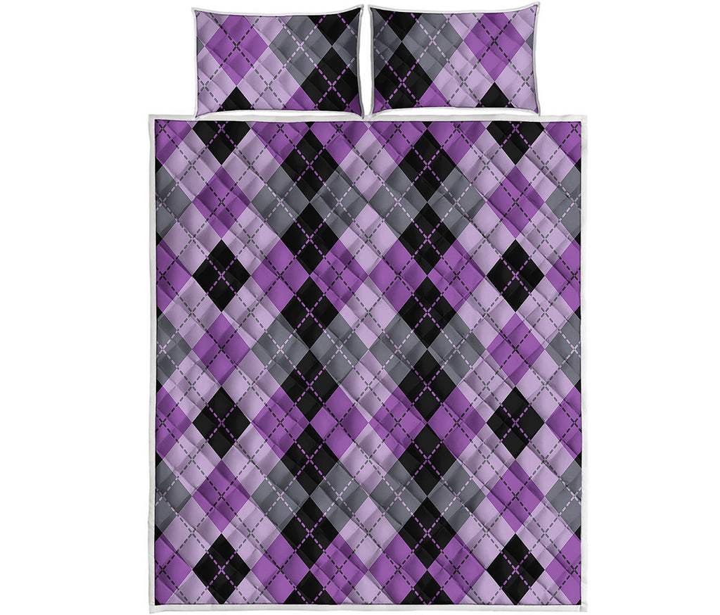 Black Grey And Violet Argyle Print Quilt Bed Set