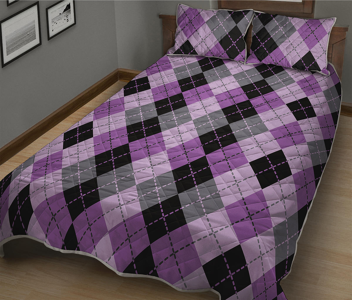 Black Grey And Violet Argyle Print Quilt Bed Set