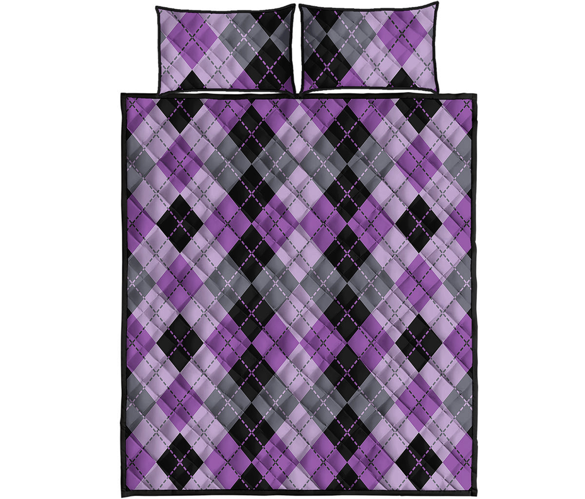 Black Grey And Violet Argyle Print Quilt Bed Set