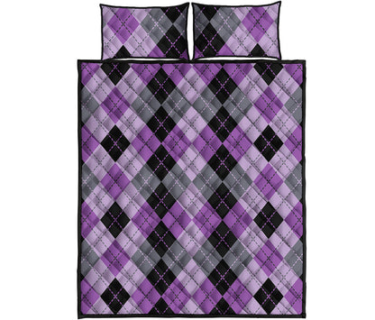 Black Grey And Violet Argyle Print Quilt Bed Set