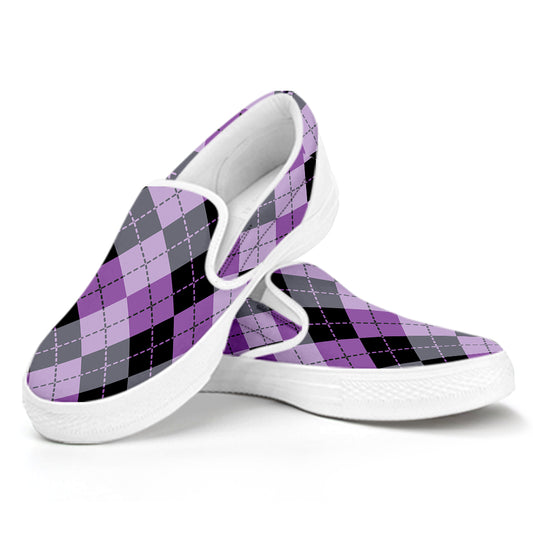 Black Grey And Violet Argyle Print White Slip On Shoes