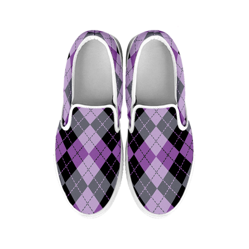 Black Grey And Violet Argyle Print White Slip On Shoes