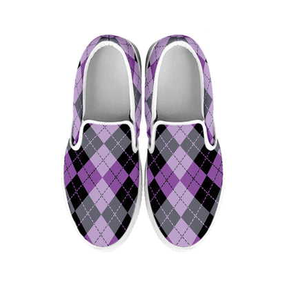 Black Grey And Violet Argyle Print White Slip On Shoes