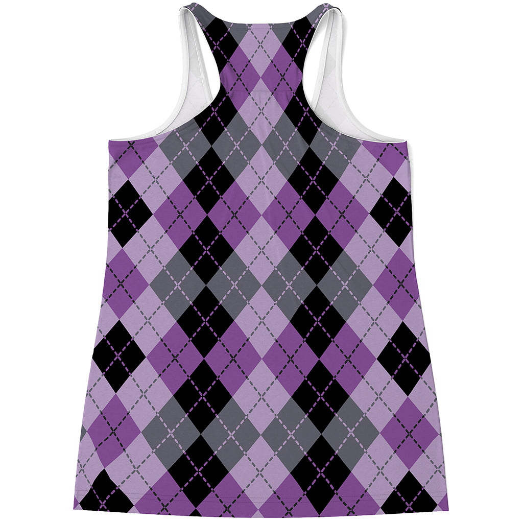 Black Grey And Violet Argyle Print Women's Racerback Tank Top