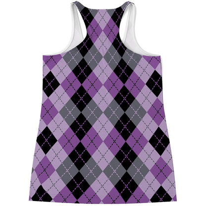 Black Grey And Violet Argyle Print Women's Racerback Tank Top