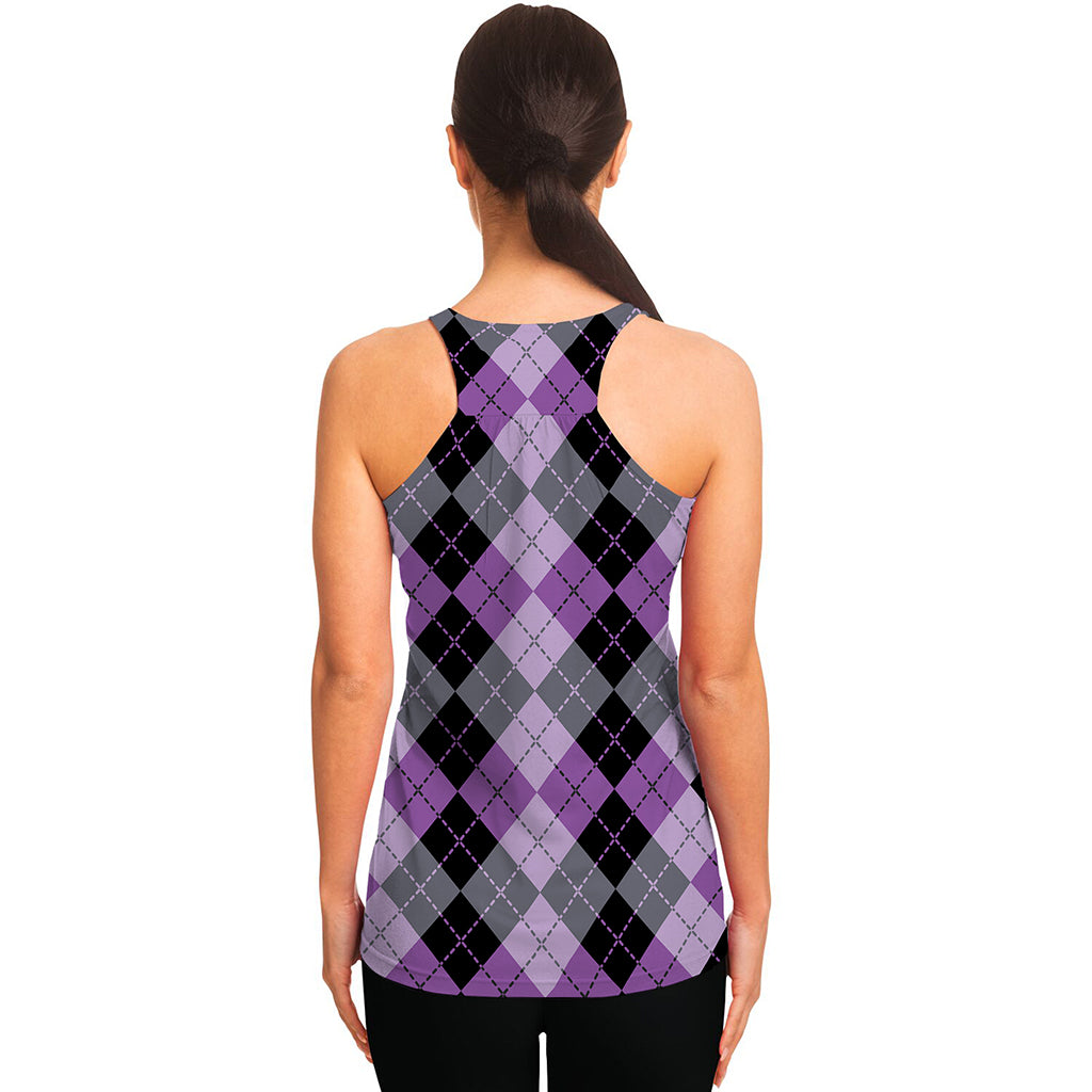 Black Grey And Violet Argyle Print Women's Racerback Tank Top
