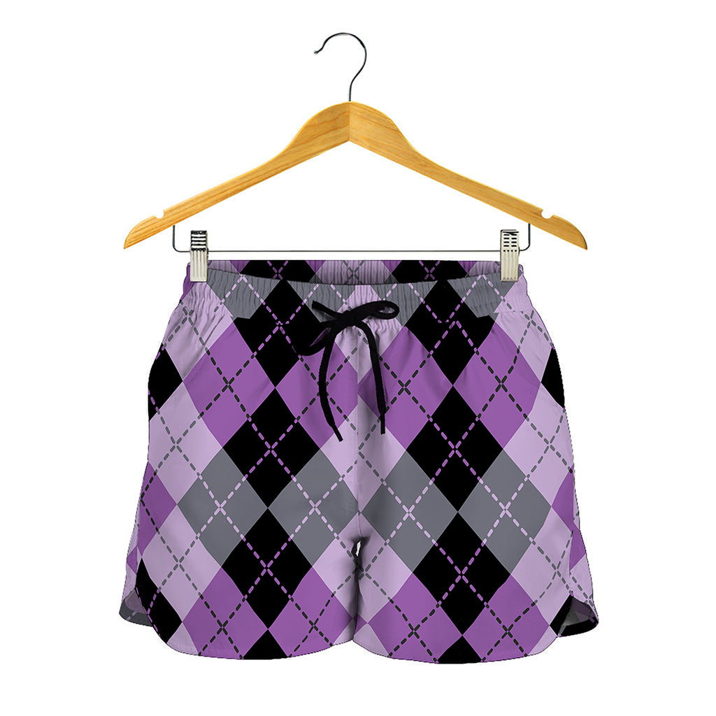 Black Grey And Violet Argyle Print Women's Shorts