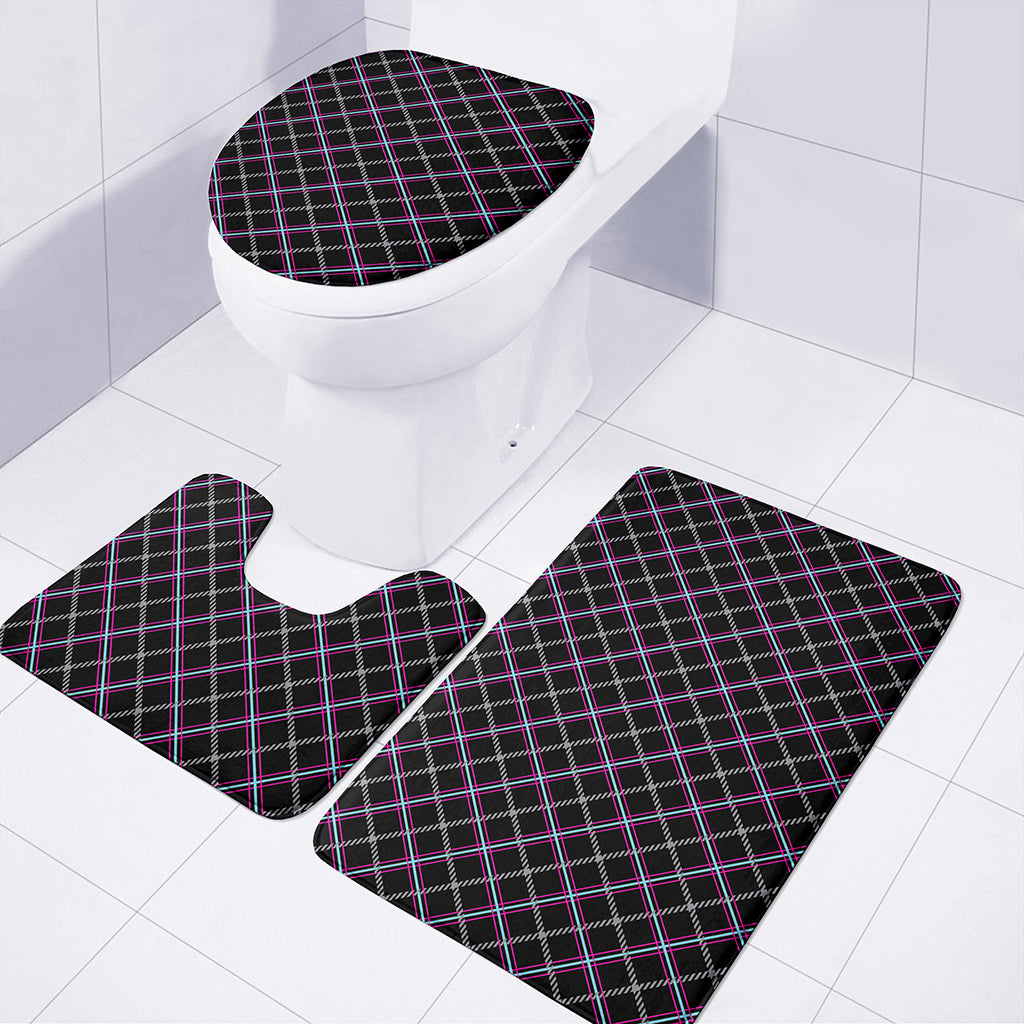 Black Grey Blue And Pink Tartan Print 3 Piece Bath Mat Set