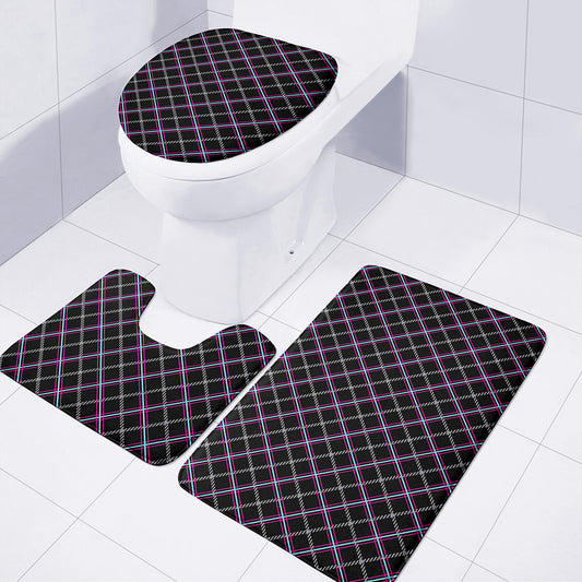 Black Grey Blue And Pink Tartan Print 3 Piece Bath Mat Set