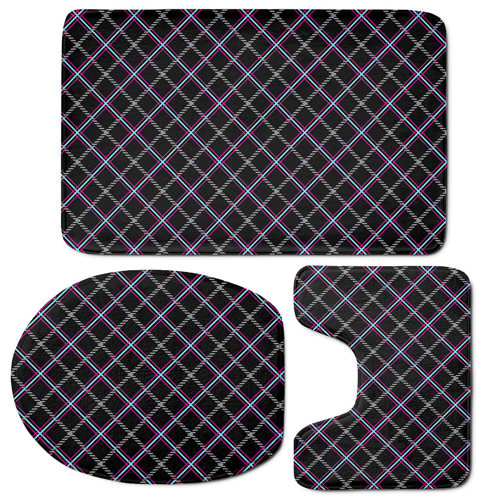 Black Grey Blue And Pink Tartan Print 3 Piece Bath Mat Set