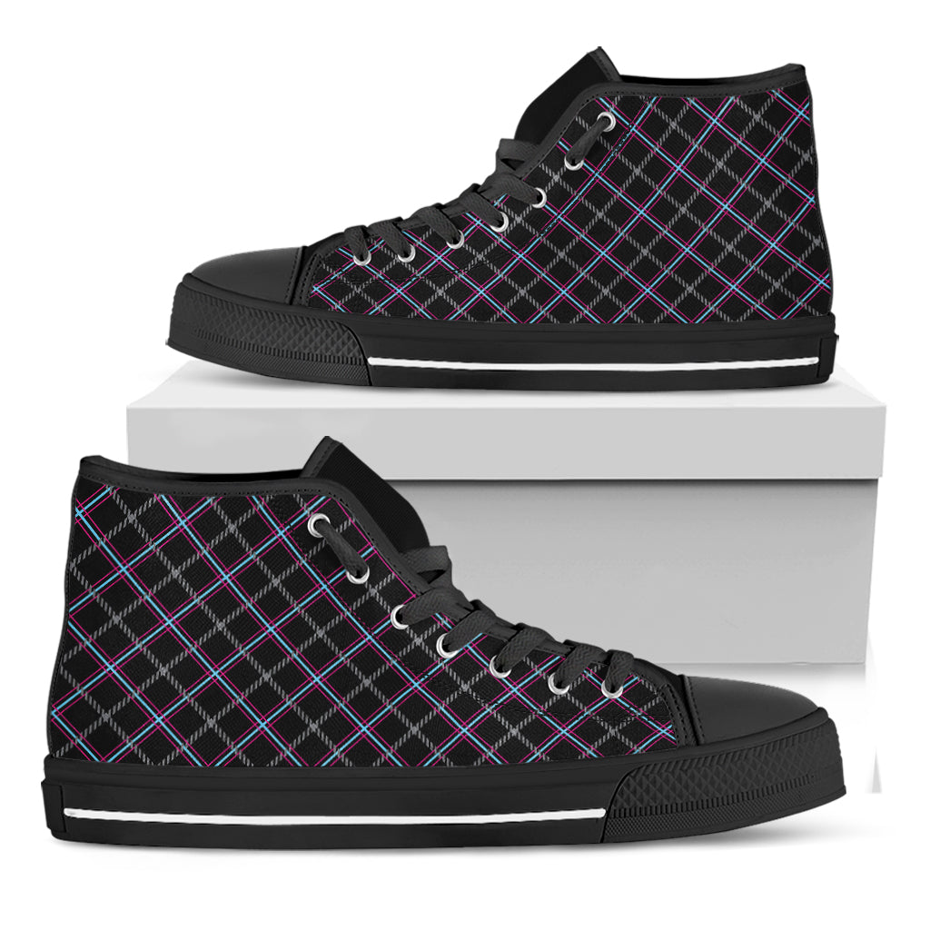 Black Grey Blue And Pink Tartan Print Black High Top Shoes