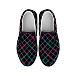 Black Grey Blue And Pink Tartan Print Black Slip On Shoes