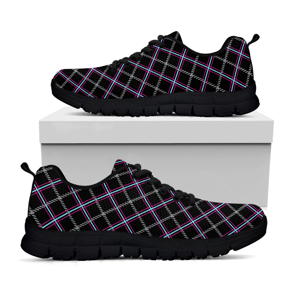 Black Grey Blue And Pink Tartan Print Black Sneakers