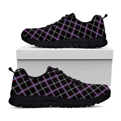Black Grey Blue And Pink Tartan Print Black Sneakers