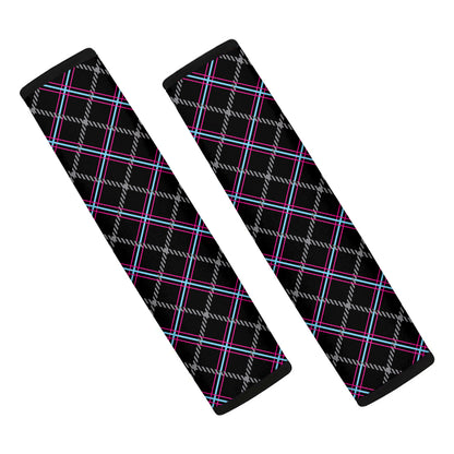 Black Grey Blue And Pink Tartan Print Car Seat Belt Covers