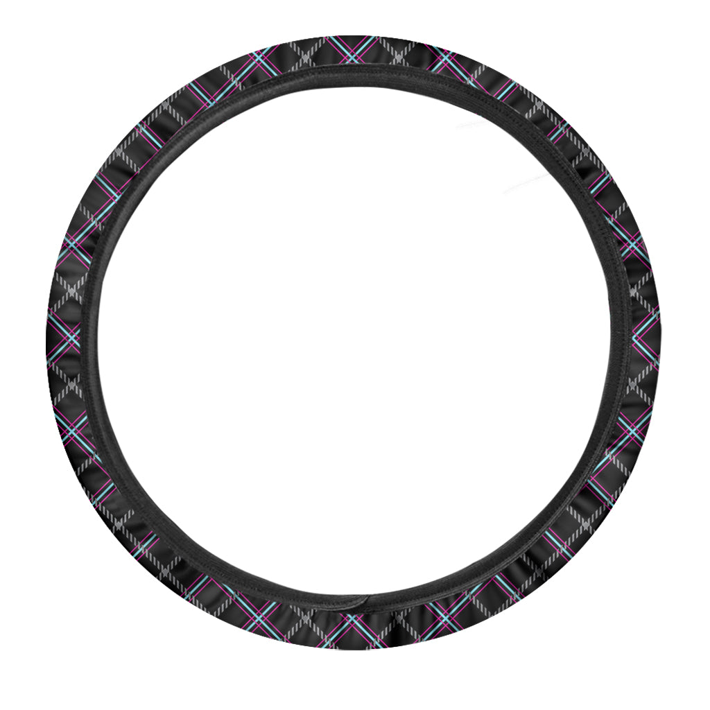 Black Grey Blue And Pink Tartan Print Car Steering Wheel Cover