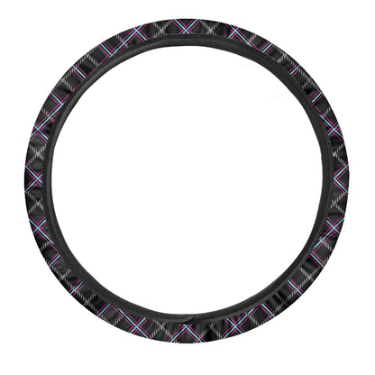 Black Grey Blue And Pink Tartan Print Car Steering Wheel Cover