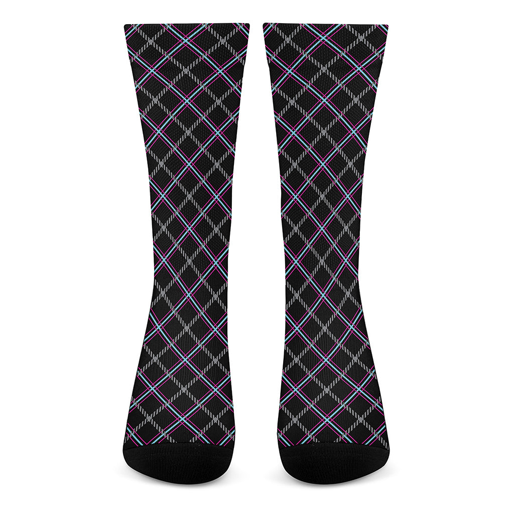 Black Grey Blue And Pink Tartan Print Crew Socks