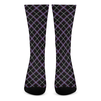 Black Grey Blue And Pink Tartan Print Crew Socks