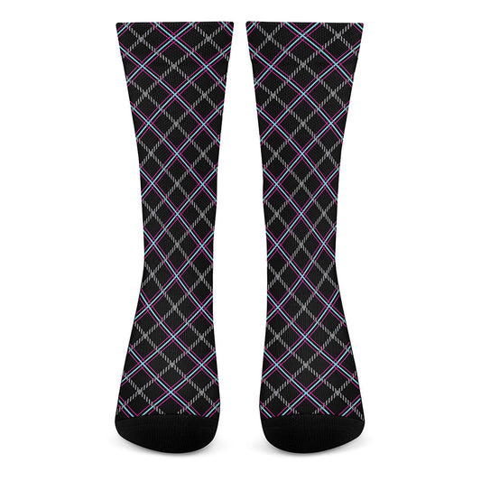 Black Grey Blue And Pink Tartan Print Crew Socks