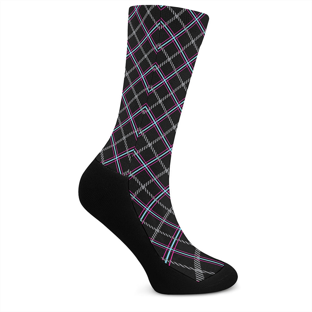 Black Grey Blue And Pink Tartan Print Crew Socks