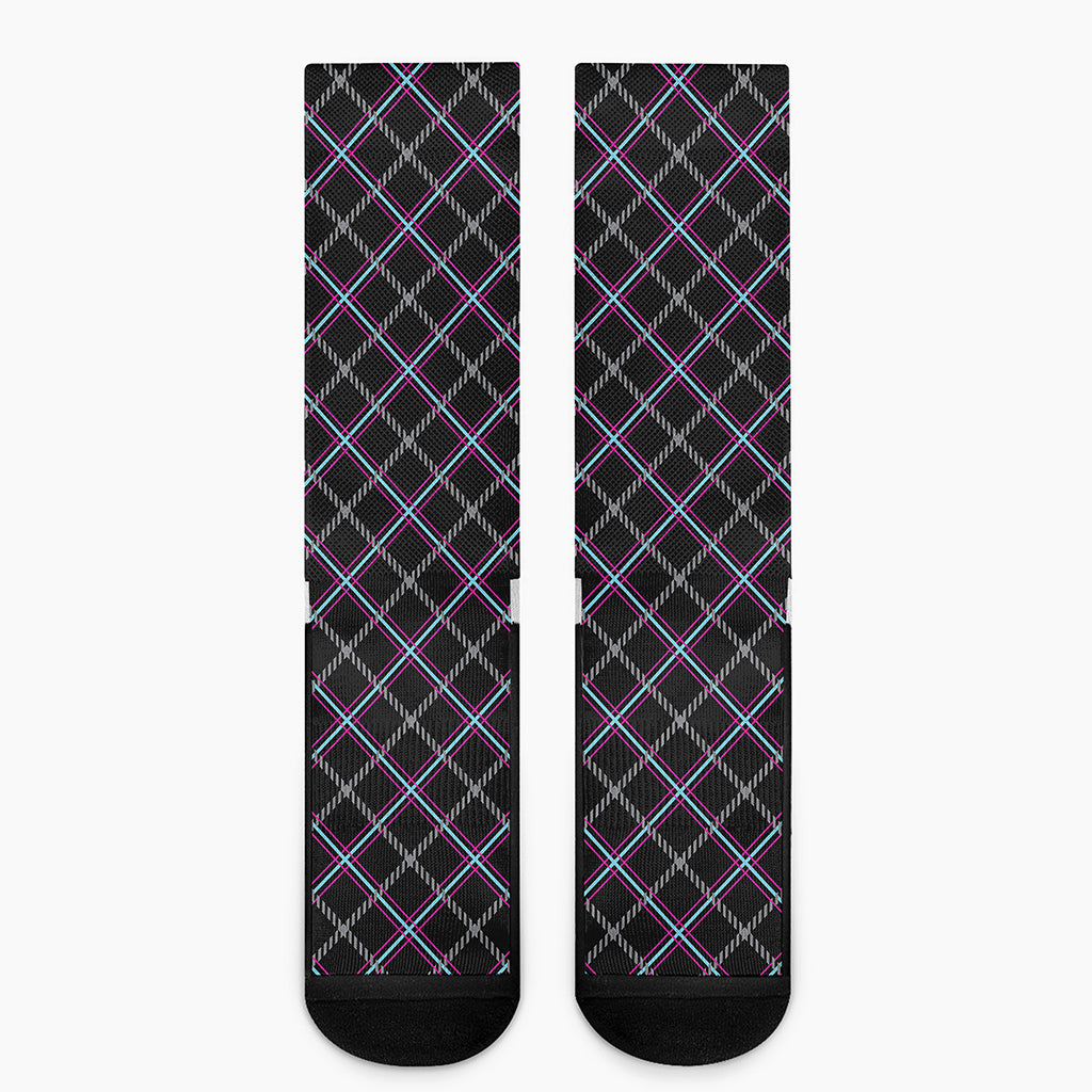 Black Grey Blue And Pink Tartan Print Crew Socks