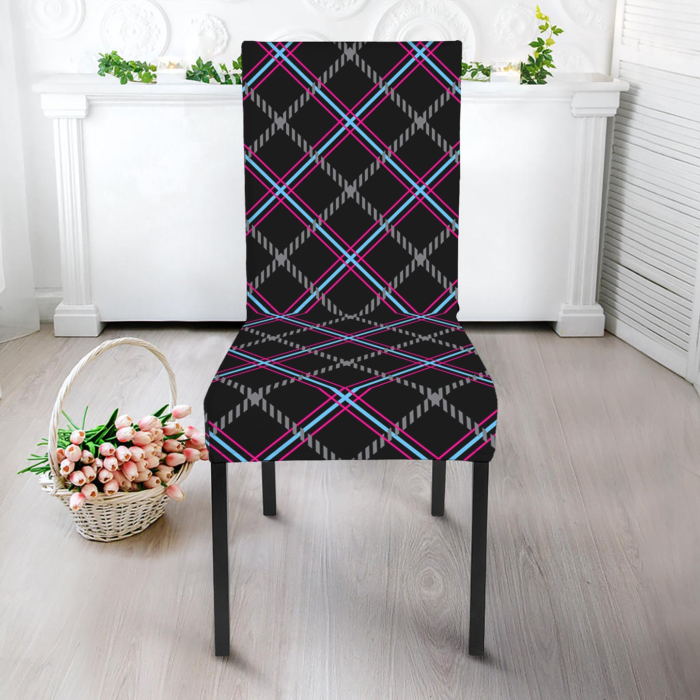 Black Grey Blue And Pink Tartan Print Dining Chair Slipcover