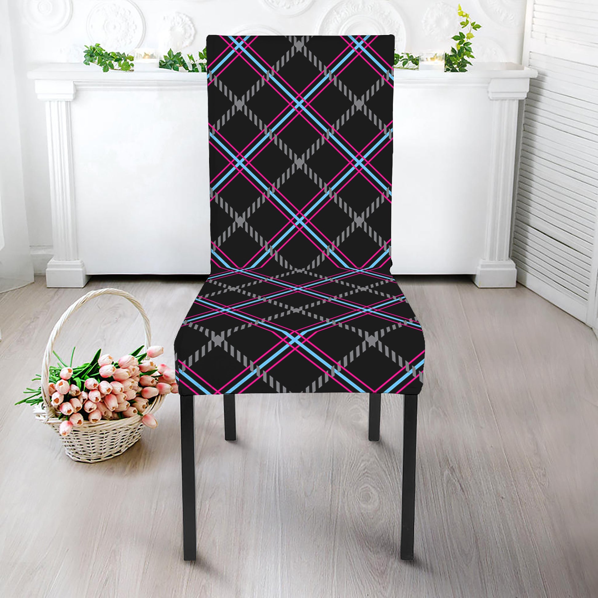 Black Grey Blue And Pink Tartan Print Dining Chair Slipcover