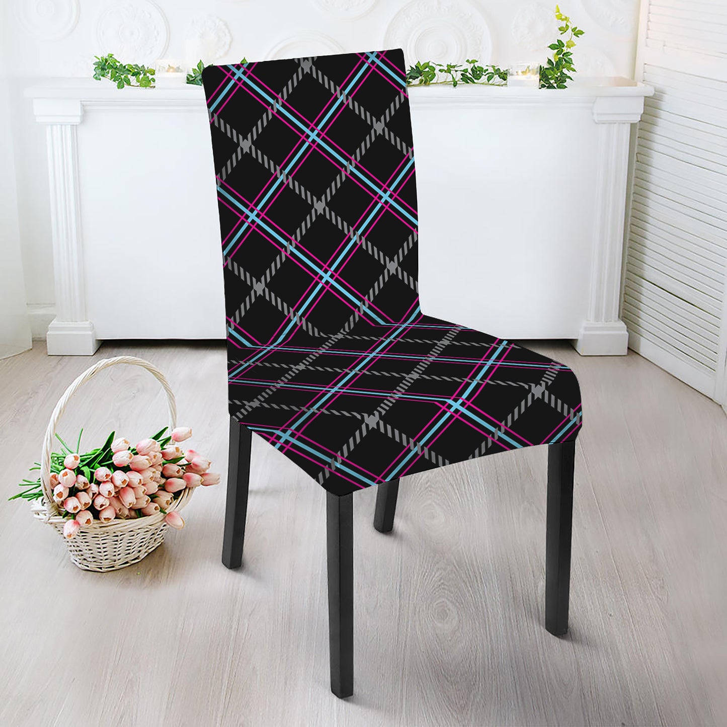 Black Grey Blue And Pink Tartan Print Dining Chair Slipcover