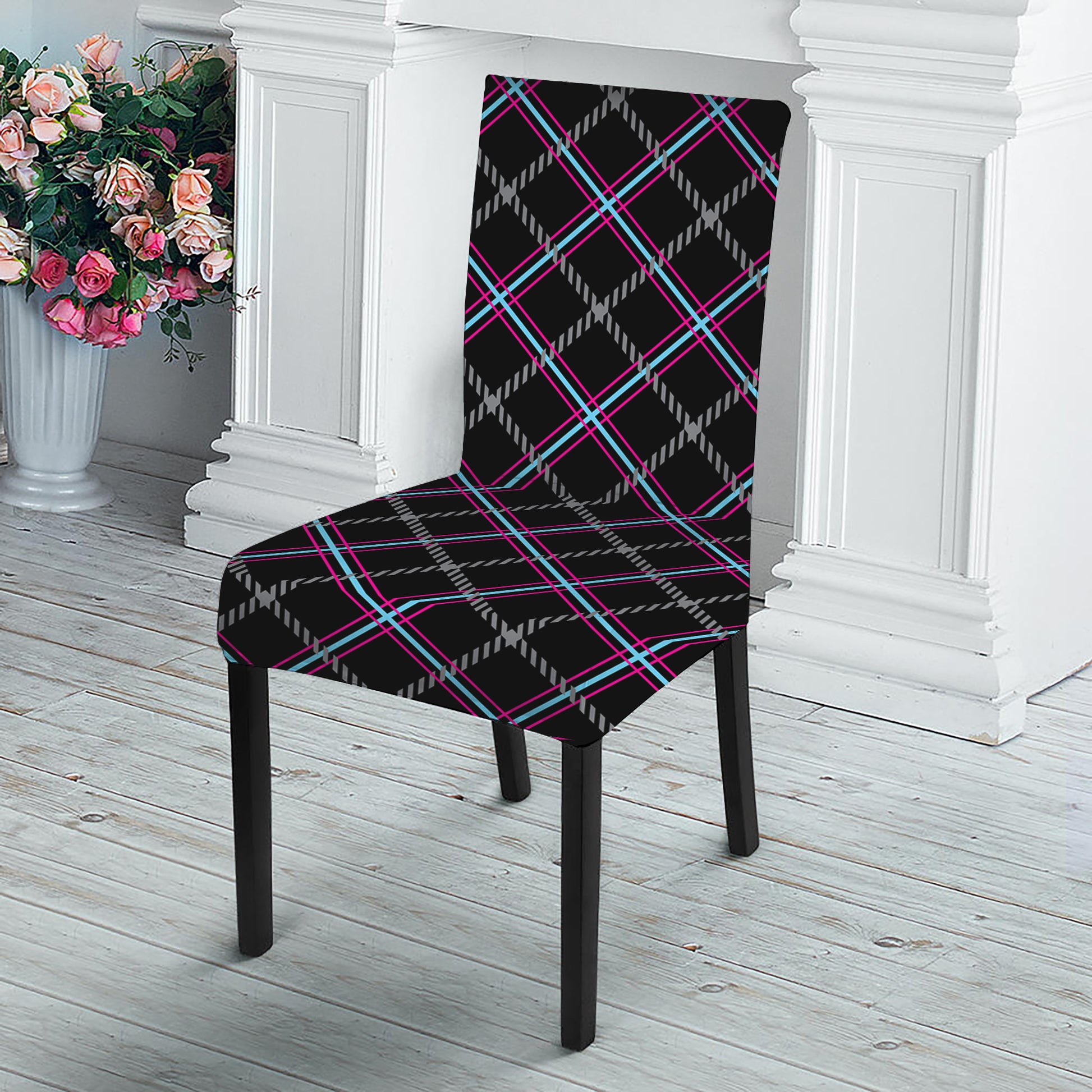 Black Grey Blue And Pink Tartan Print Dining Chair Slipcover