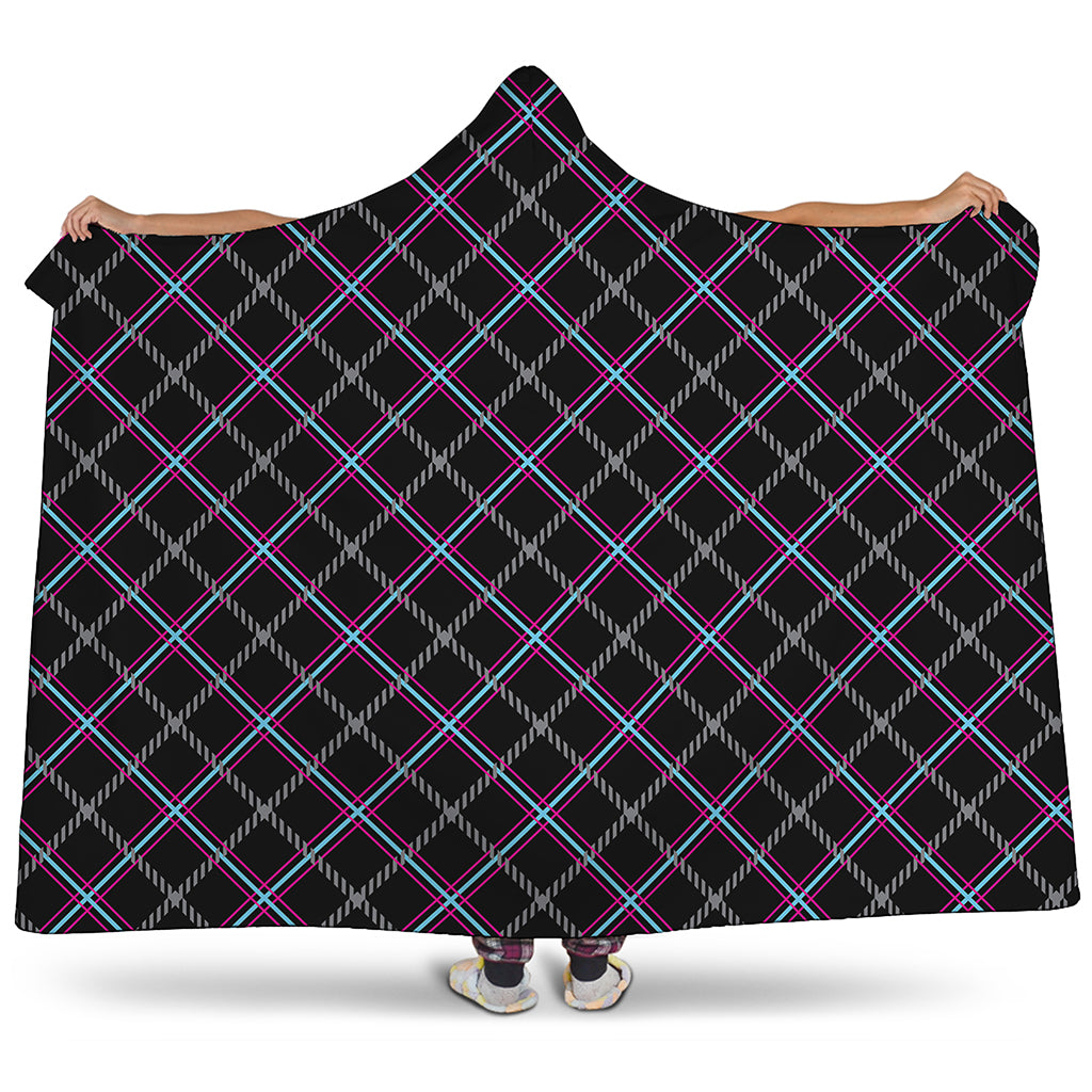 Black Grey Blue And Pink Tartan Print Hooded Blanket