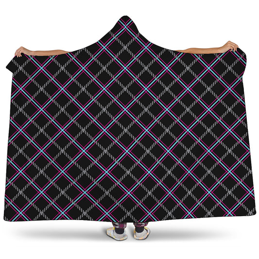 Black Grey Blue And Pink Tartan Print Hooded Blanket