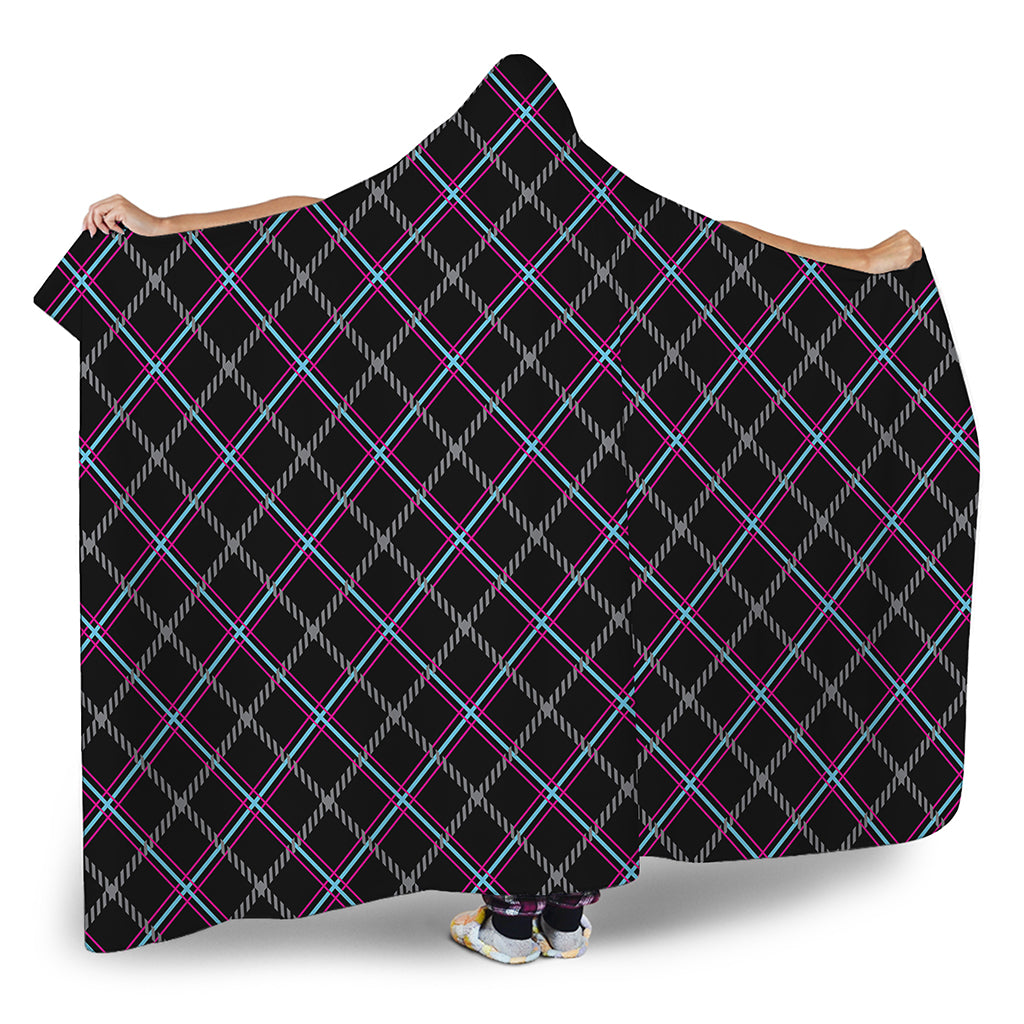 Black Grey Blue And Pink Tartan Print Hooded Blanket
