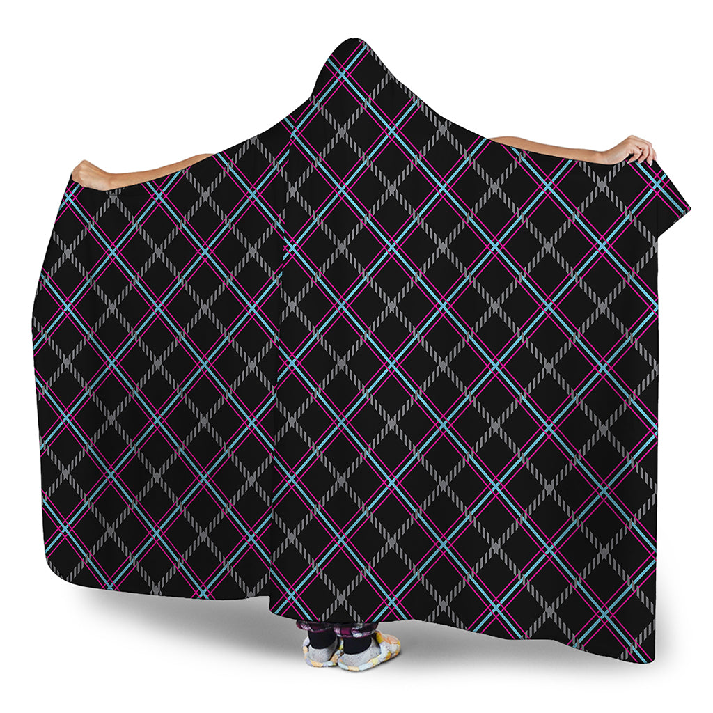 Black Grey Blue And Pink Tartan Print Hooded Blanket
